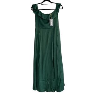 ModCloth Ruffled and Radiant off the shoulder midi formal emerald dress